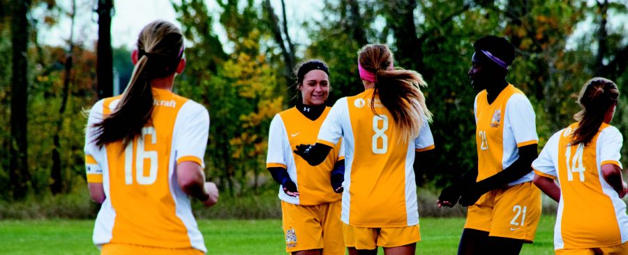 PHOTOS BY ALEX REGISH | STAFF PHOTOGRAPHER
The lady Ocelots celebrate a goal against Ancilla at Schoolcraft College on Oct. 16.