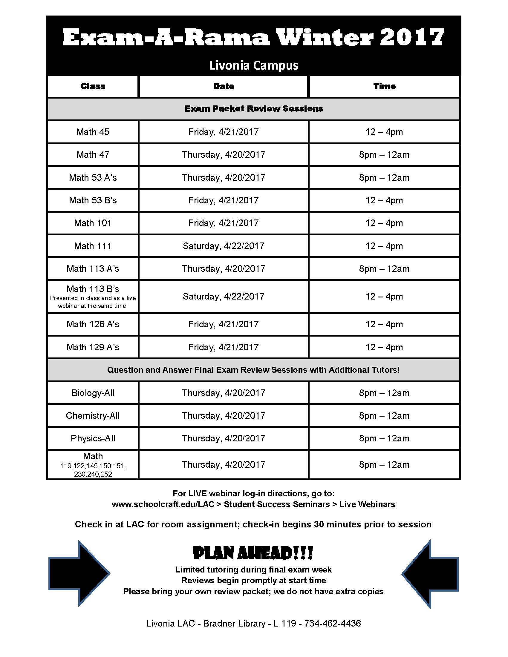 Winter 2017 ExamARama Schedule Schoolcraft Connection