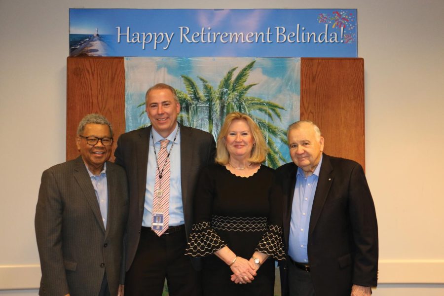 Belinda Eleson poses with the College Presidents she worked under. (L to R) Dr. Conway Jeffress, Dr. Glenn Cerny, Belinda Eleson and Richard McDowell.