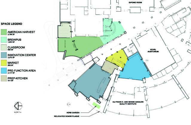 This architectural blueprint highlights the floor plan of the VisTaTech Center renovations.
