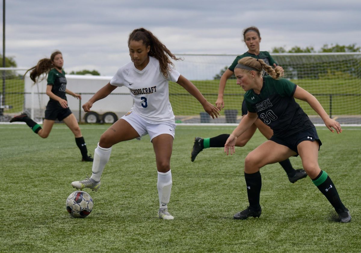 Freshman forward Kyra Brandon controls the ball from a Delta College defender during the Sept. 8, 2023 match.