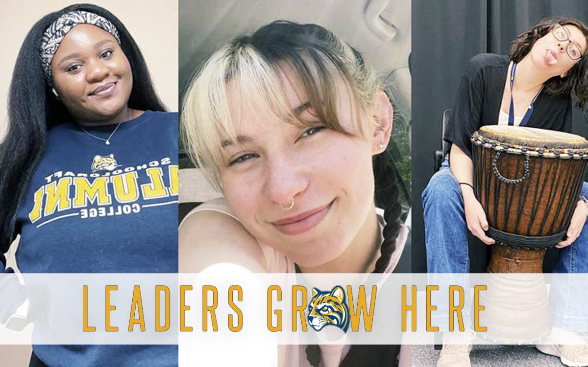 Left to right: International Student Organization President Keren Iylo, Schoolcraft Connection Editor-in-Chief
Kathryn Wenske, and Phi Theta Kappa Omicron Iota chapter Secretary Kendall Borchardt.