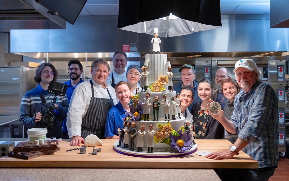 Cast and crew members pose for a group photo after shooting some scenes inside the Schoolcraft Culinary Arts kitchen for Detroit: The City of Chefs documentary. (Photo courtesy of Schoolcraft College)