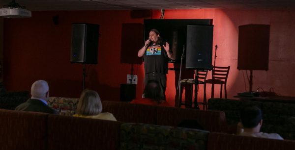Comedian Jon King works the crowd for some laughs at the April Fools Comedy Show on April 1, 2024 in the Lower Level, Vistatech Center.