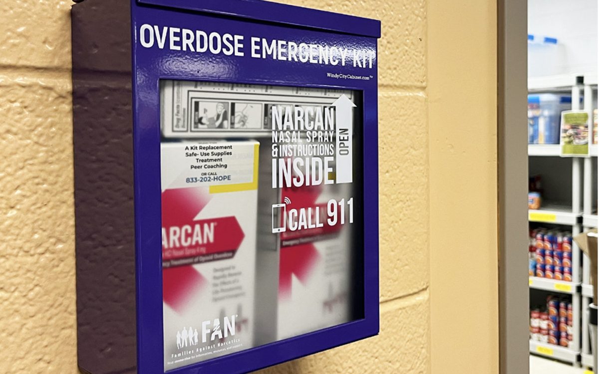 Schoolcraft has several locations on campus for Narcans. Shown here is the Narcan kit located next to the food pantry in the Lower Level, Vistatech Center.