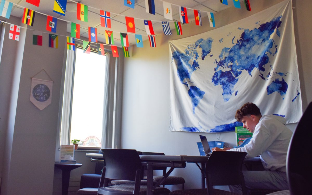 International student Cosmo Wagner of Germany, studies for class while enjoying the international student space.