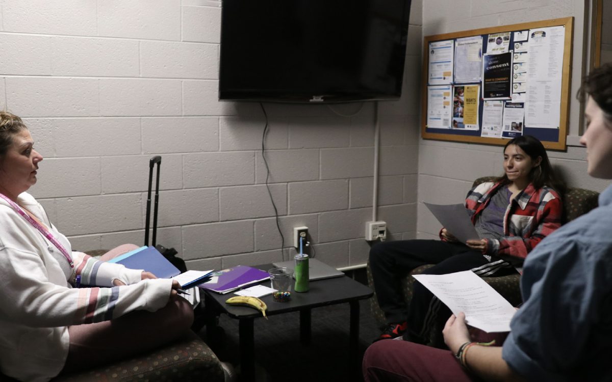 (Left from right) Social Justice Collective Club President Nicole Wells and members  Michelle Torres, Sam Varble gather during the club meeting in the Vistatech Center, Lower Waterman.