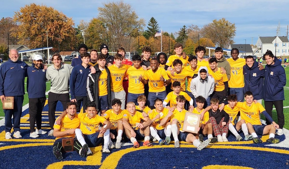 The Schoolcraft Men's Soccer team pose for a team photo after clinching the NJCAA Region XII Division II Men’s Soccer Championship on Sunday, November 3, 2024 in Marysville, Michigan. (Photo courtesy of Schoolcraft Athletics).