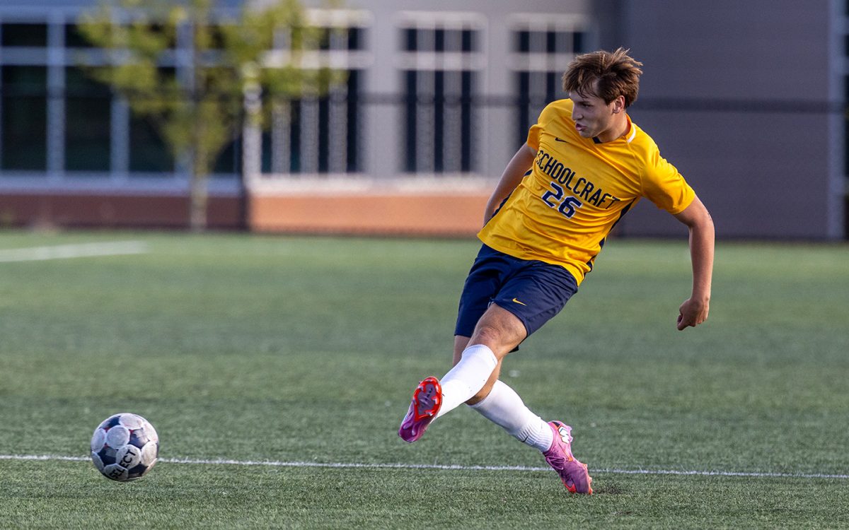 Freshman forward Devlin McGinnis takes a shot on net. (Photo courtesy of Schoolcraft Athletics)
