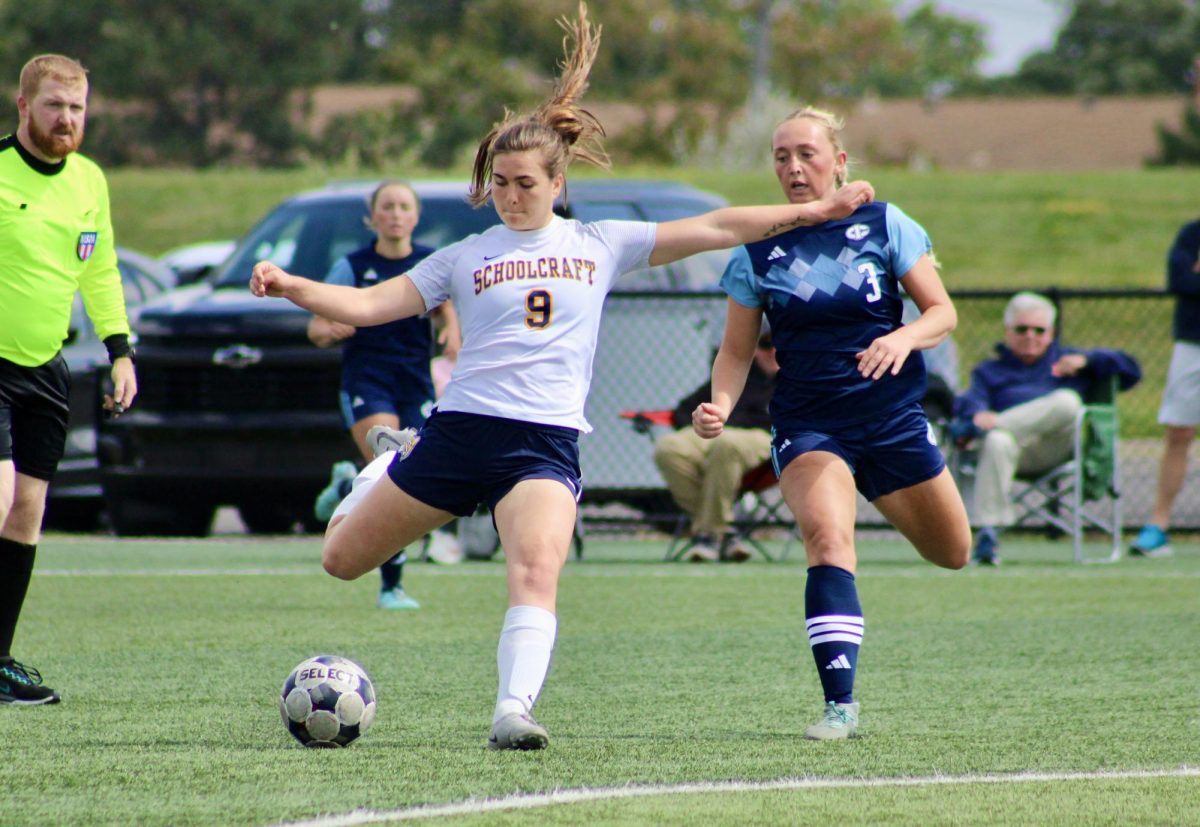 Sophomore Jessica Clyde prepares to kick the ball upfield during a game against Iowa Central on September 5, 2025 at Schoolcraft College.