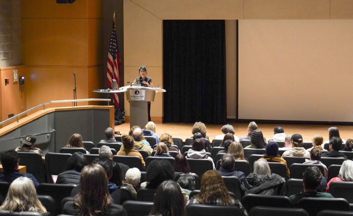Author and Activist Loung Ung speaks during Pageturners Meet the Author event at Schoolcraft College on Nov. 11, 2025.  Ung spoke about her book 'First They Killed my Father' a story about her family's experiences during the Cambodian genocide. This year marks the fiftieth anniversary of this atrocity. 
