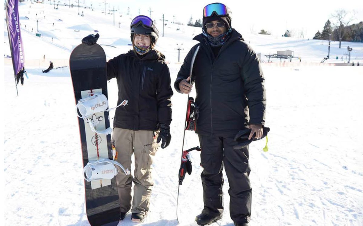 Edgerunner Ski & Snowboarding Club President Jillian Drotoz (left) with student Thomas Conyers at Mt. Brighton during the clubs first outing.